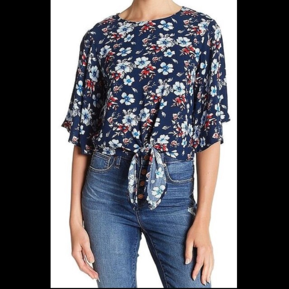 ELODIE Tie Front 3/4 Sleeve Navy Floral Top S